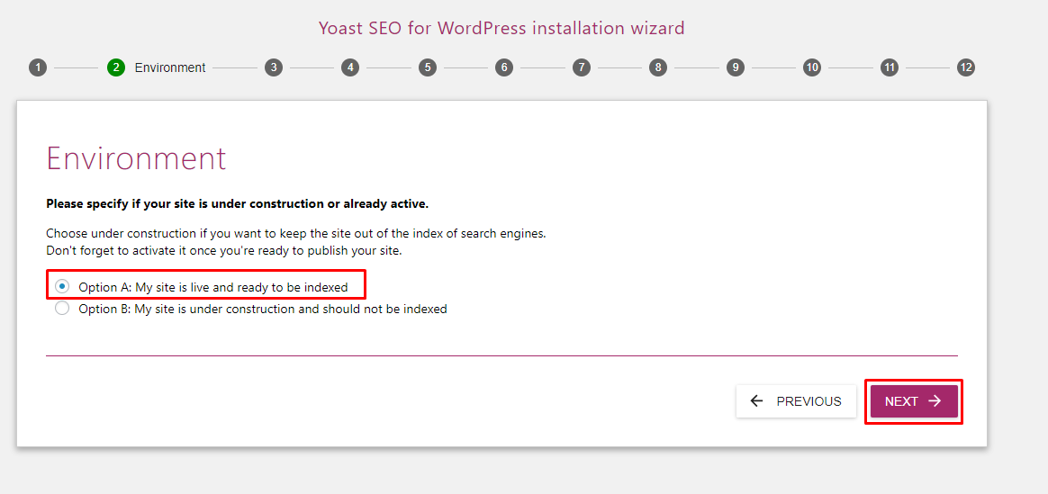 Tuỳ chọn môi trường Yoast SEO