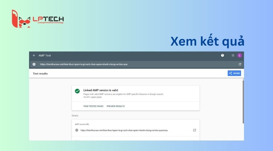 Thông tin về AMP của trang web sẽ hiện ra