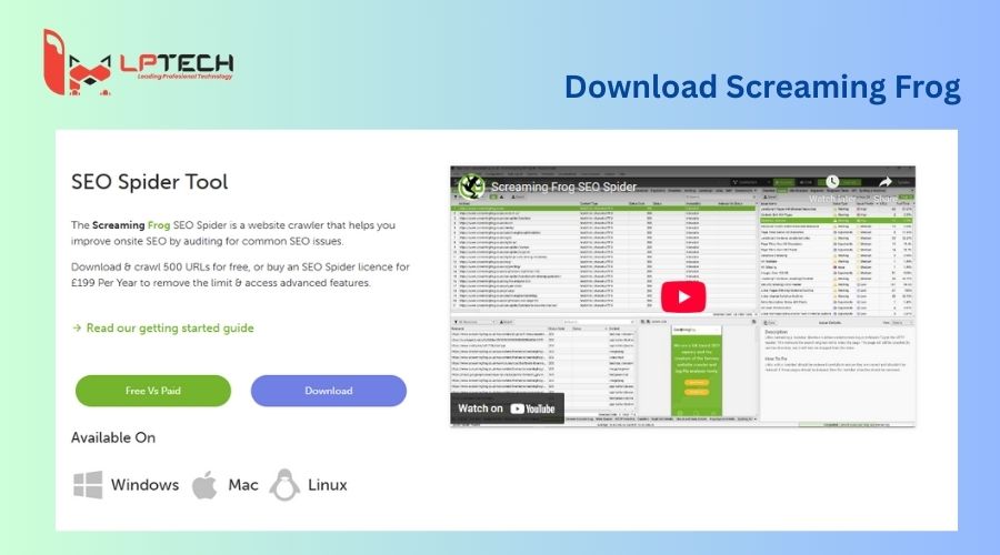 Truy cập trang Screaming Frog và tải phiên bản tương thích