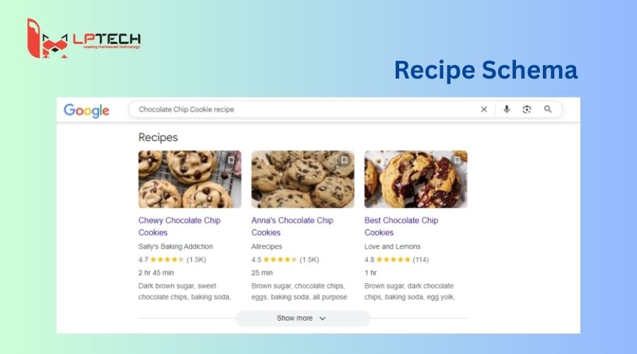 Recipe Schema thể hiện công thức về cách nấu món ăn